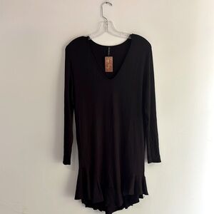 Riller‎ Black Spandex Blend Long Sleeve Ruffle Hem Dress Size S NWT